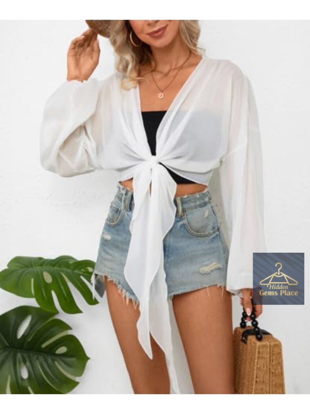 Chiffon Tie Front Crop Kimono Cover Up Long Sleeve Beach Shirt - Picture 3 of 6
